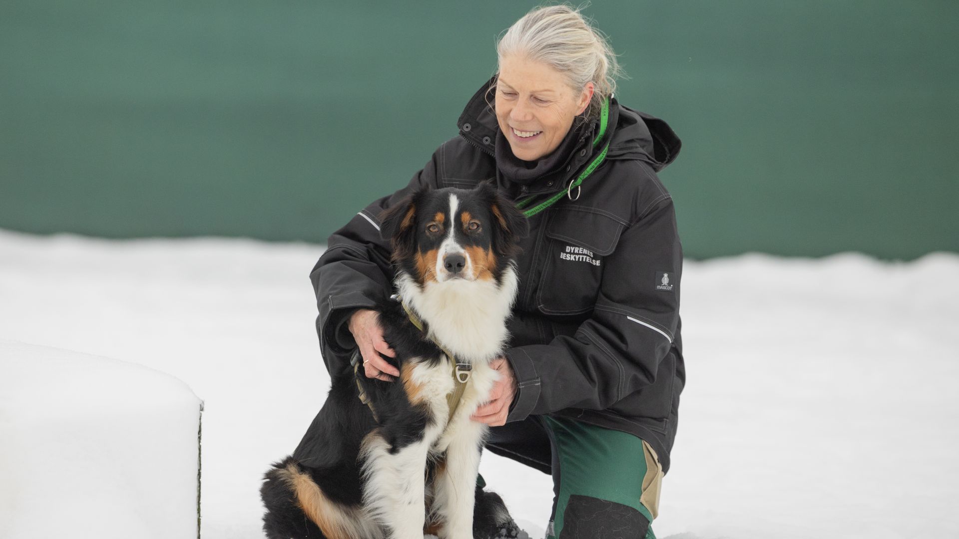 kvinde sidder med hund i sneen