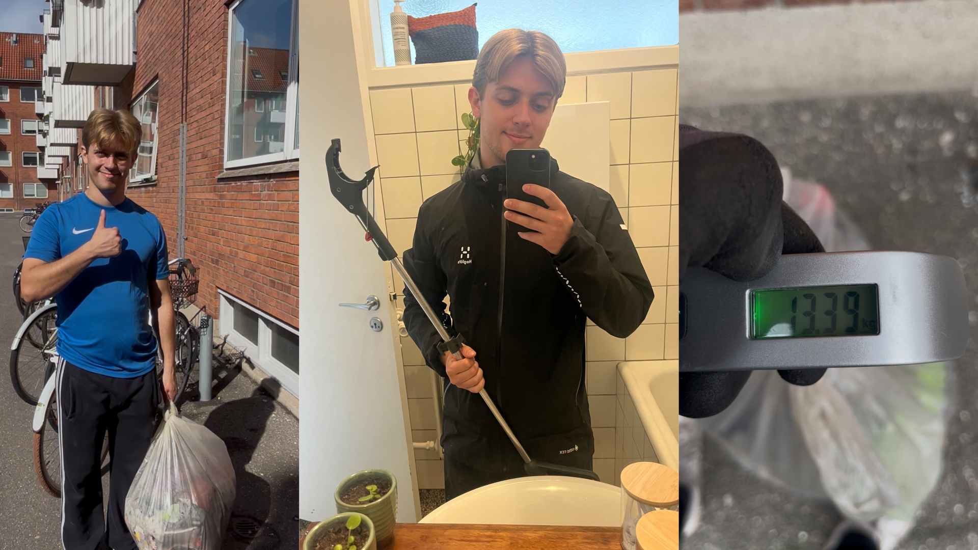 Tre billeder af Tobias med indsamlet skrald, en affaldsgriber og en digital vægt, der viser 13,39 kilo.