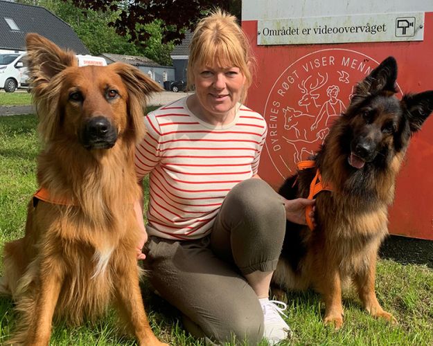 (Annette med Max og Aika) Tekst: At de to hunde havde  brug for hinanden,  blev straks tydeligt  for Annette, som  ellers i første omgang  var kommet for at  adoptere Aika.