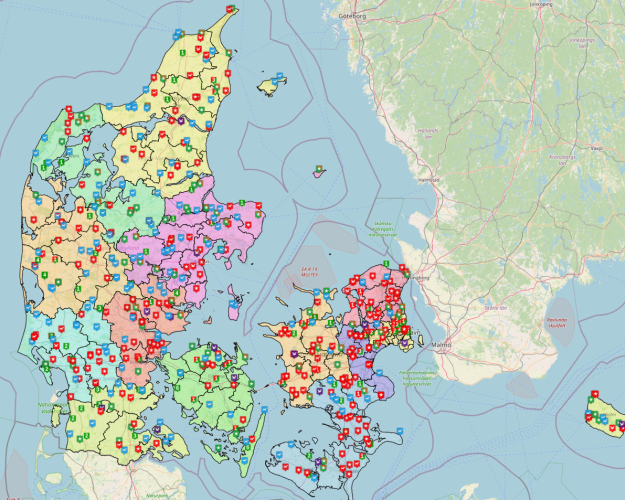 Danmarkskort som viser placeringen af de frivillige kredsformænd- og assistenter, områdeformænd, schweisshundeførere og vildtplejestationer