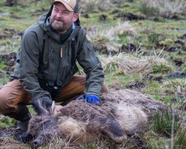 Martin Sandager med en af sine ungarske uldgrise. Foto: Dyrenes Beskyttelse 