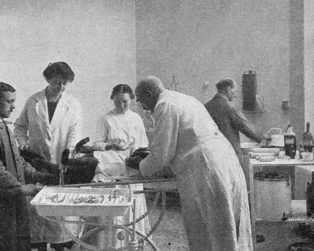 Dyrlæge og veterinærsygeplejesker er samlet rundt om et operationsbord, hvor en hund ligger klar til operation.