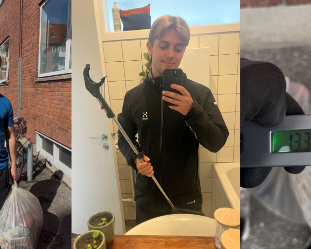 Tre billeder af Tobias med indsamlet skrald, en affaldsgriber og en digital vægt, der viser 13,39 kilo.