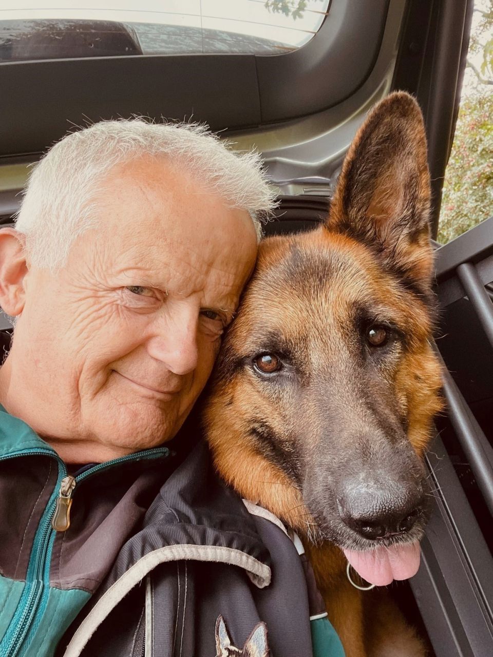 mand med gråt hår sidder sammen med schæferhund i bagsmækken på bilen