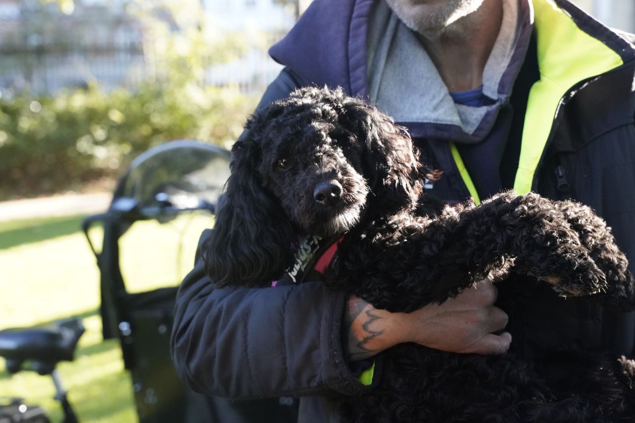 Sort puddelhund bliver holdt i armene af en mand iført jakke og hættetrøje. En ladcykel ses i baggrunden.